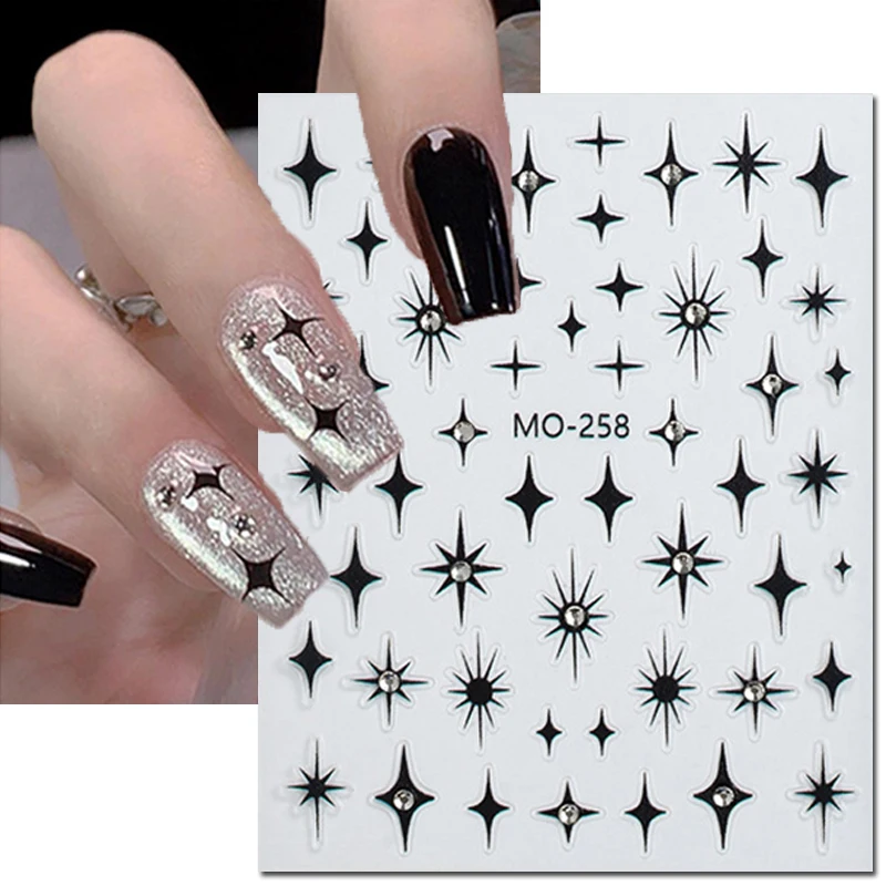 

5d Embossed Nail Art Stickers Black Stars Diamonds Studs Adhesive Sliders Decals Decorations For Nail Tips Manicures