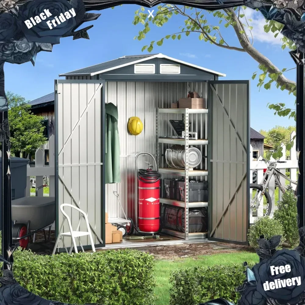 5x3X6.3FT Outdoor Steel Storage Shed with Lockable Doors and Frame Floor, Compact Small Bike Shed, Ideal for Garden