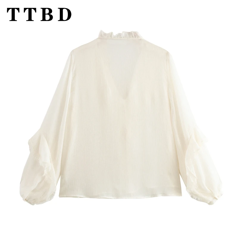 TTBD 2024 Autumn New Woman's Sophisticated V-Collar Outerwear Shirt Party Female Solid Color Sleeveless Top Ruched Thin Ruffles