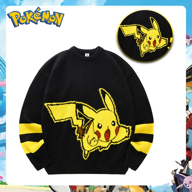 

Официальный покемон сотрудничества, большой модный повседневный вязаный черный свитер с круглым вырезом и длинными рукавами, изысканный подарок на день рождения