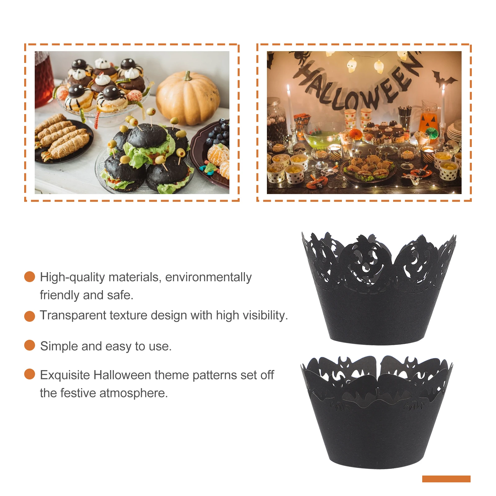 

50 Pcs Black Paper Cupcake Wrappers Halloween Pumpkin Bat Pattern Decorative Cake Borders Safe Long Lasting Use