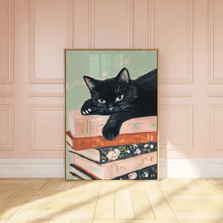 Black Cat Book Lover Poster Wall Art Print Canvas Painting Stack of Books Print Bookworm Art Pictures For Living Room Apartment