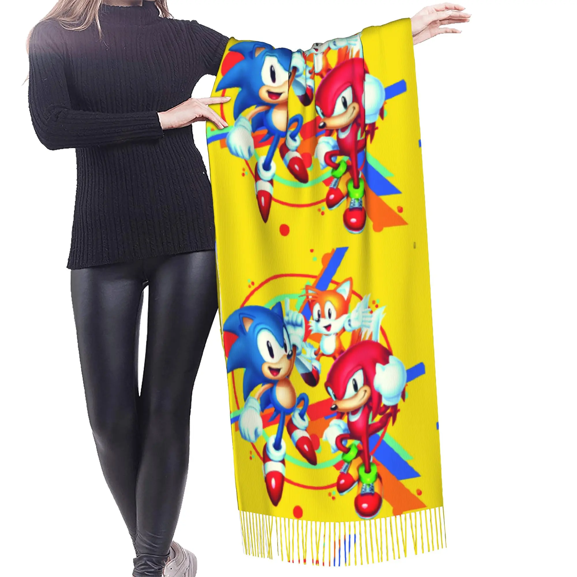 Custom S-Soniced Cartoon Tassel Scarf Women Soft Video Game Shawl Wrap Female Winter Fall Scarves