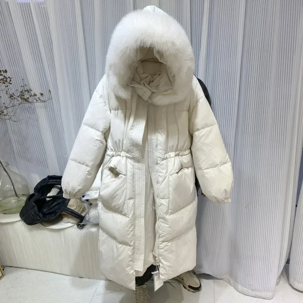 2024 Real Fox Fur Collar Down Jacket Duck Down Coat Warm Female Fluffy Parkas Loose Women Luxury Outerwear Long Puffer Jacket