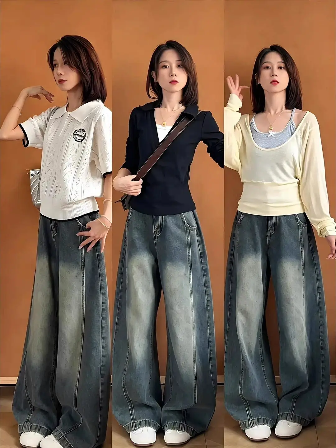 Calças Jeans Estilo Americano com Corte Inclinado para Homens e Mulheres, Outono, Soltas, Retrô, Lavadas, Perna Reta, Largas,...