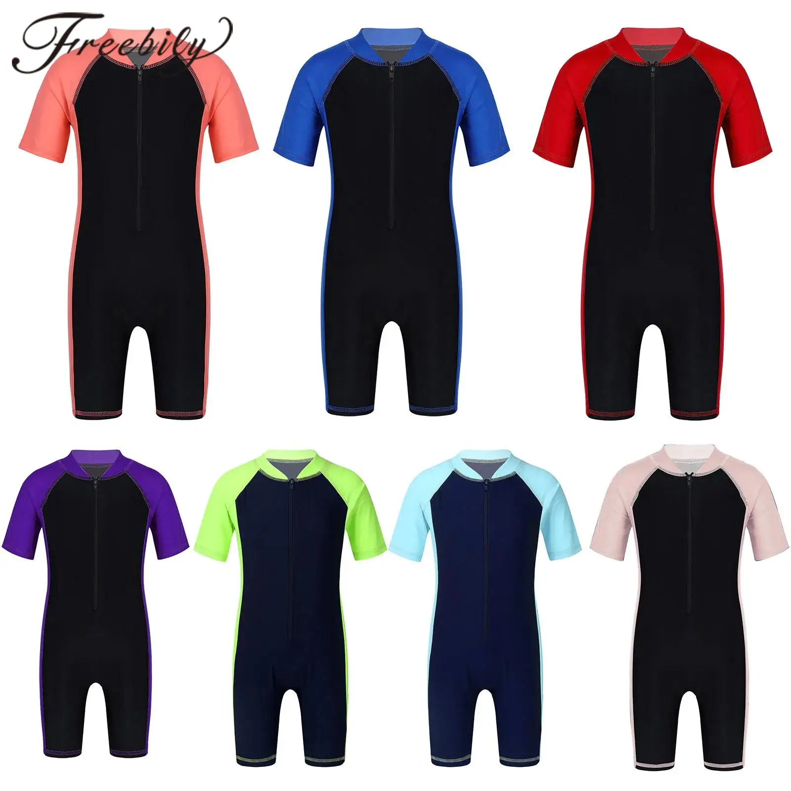 

Children's Short Sleeves Bodysuit, Kids Swimwear, Boys, Girls, Kids Swimwear, Zippered, Unitard, Bathing Suit