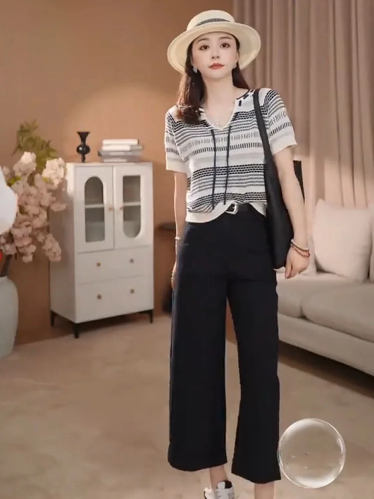 

Korean Sle Ice Silk Knitted ort Sve Top Women's Faionable Color Blo Striped Design Summer Casual Loose Fit irt