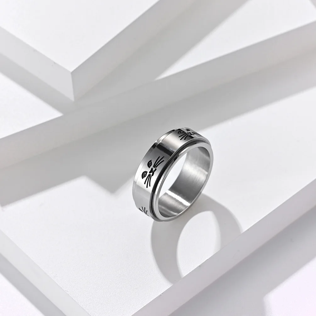 Hollow out cat Animal Stainless Steel Anti Stress Ring For Girl Anxiety Relief Spinning Knuckle Ring Fidget Metal Spinner Anillo
