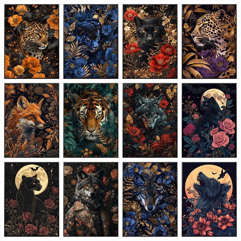 1pc frameless Canvas Painting Mystical Floral Animal Panther Fox  Wolf Tiger Enchanted Flower Forest Poster Canvas Paintings Boh