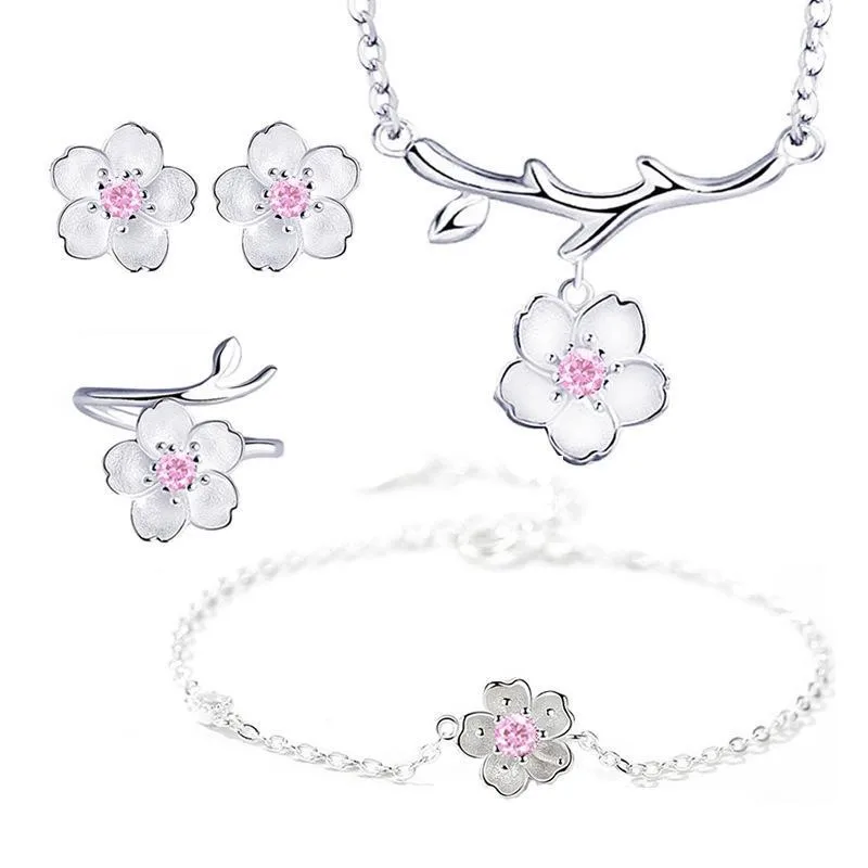 Silver Color Cherry Blossom Flower Cubic Zirconia Stone Jewelry Sets for Women Floral Necklace Bracelet Earring Ring Wedding Set