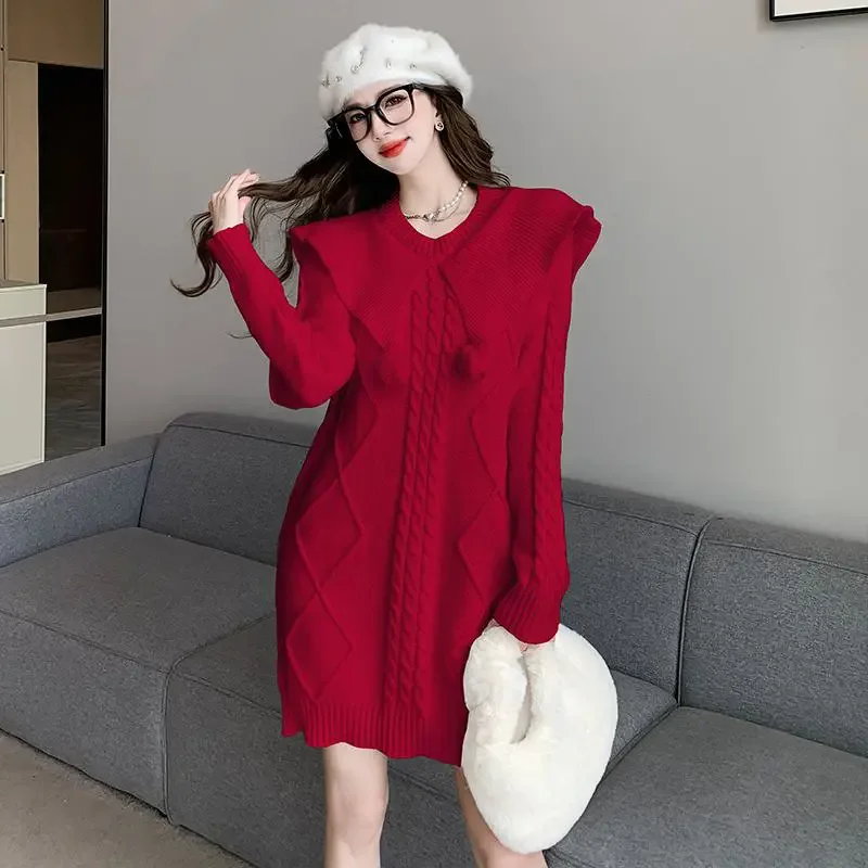 Puppen kragen rotes Pullover kleid für Damen Herbst Winter neue lose Strickwaren Rock koreanische Mode Vestidos