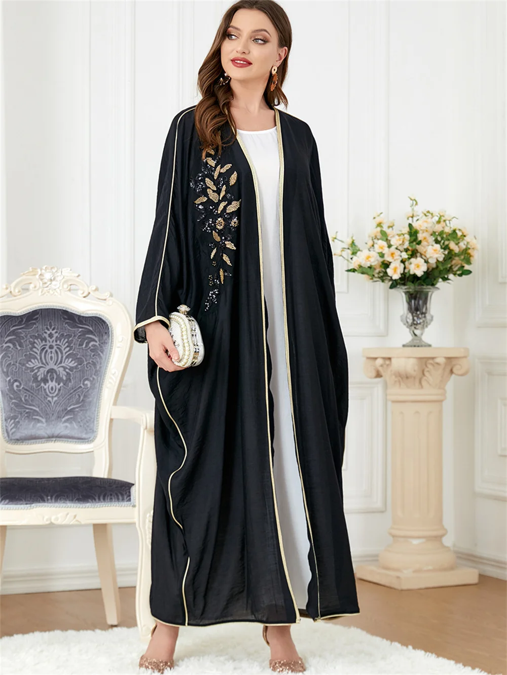 2024 New Kimono Abaya Ramadan Embroidery Black Muslim Dress for Women Islamic Eid Jalabiya Marocain Gown Turkey Moroccan Kaftan