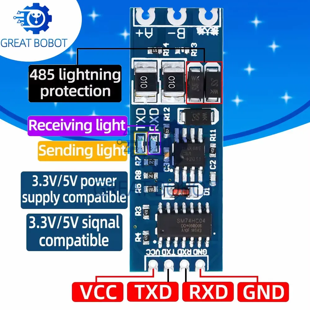 BS TTL Turn To RS485 485 To Serial UART Level Mutual Conversion Hardware Automatic Flow Control Power Supply Module 3.3V 5V
