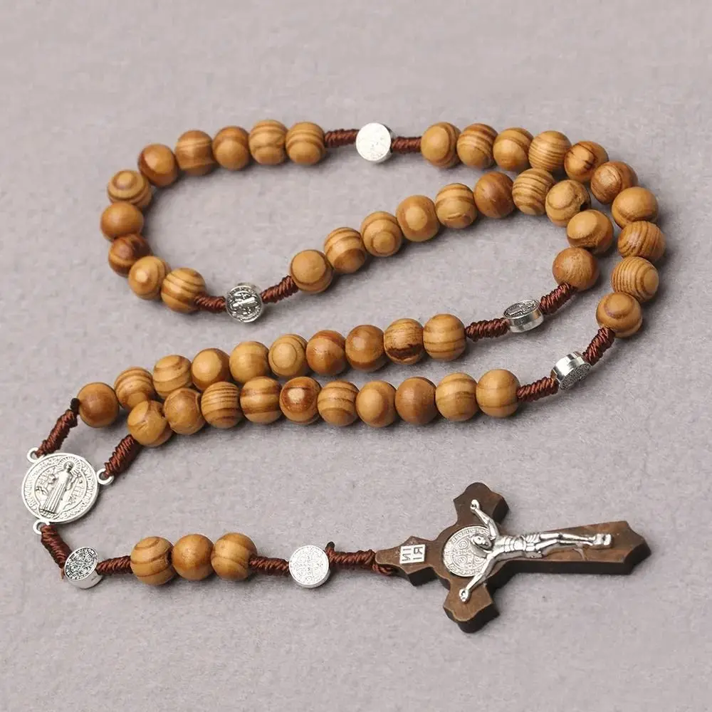 Wood Handmade Rosary Necklace Religious Car Ornament Wood Beads Necklace Mellow Catholic Crucifix Pendant Chain Church