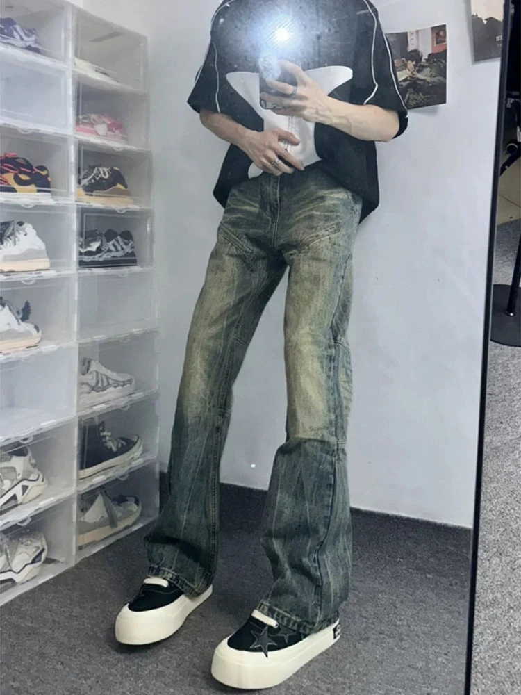 

American High Street Nostaic Blue Men's Jeans CleanFit Design Straight Leg Micro Flare Pants Worn Waed Denim mid Waist Lo...