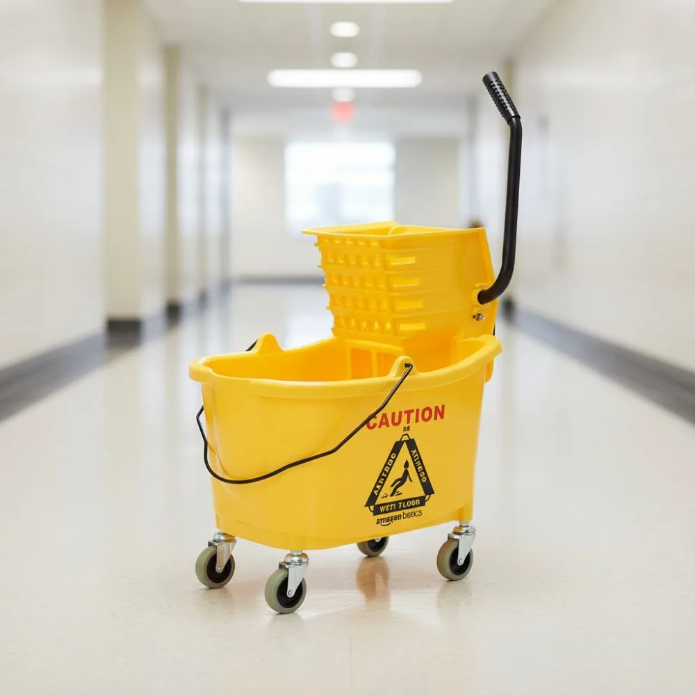 

Commercial Floor Cleaning Mop Bucket with Side Press Wringer 35-Quart Yellow Mobile Wheels