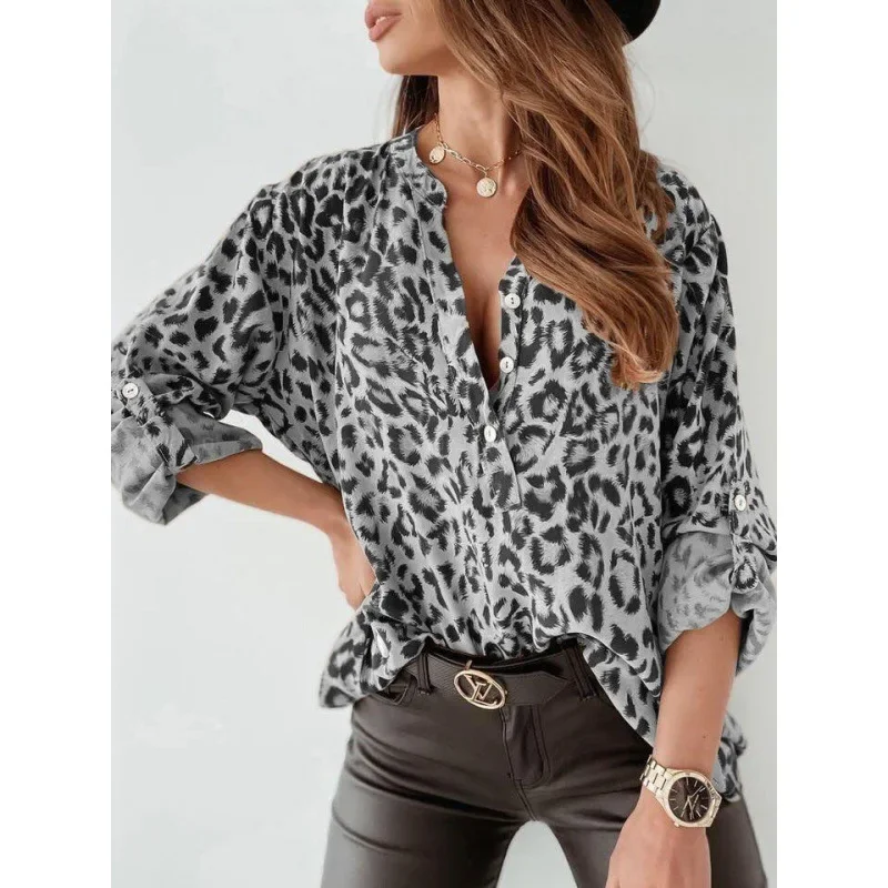 Cardigan feminino com estampa de leopardo, manga comprida, peito único, camisa solta para o outono