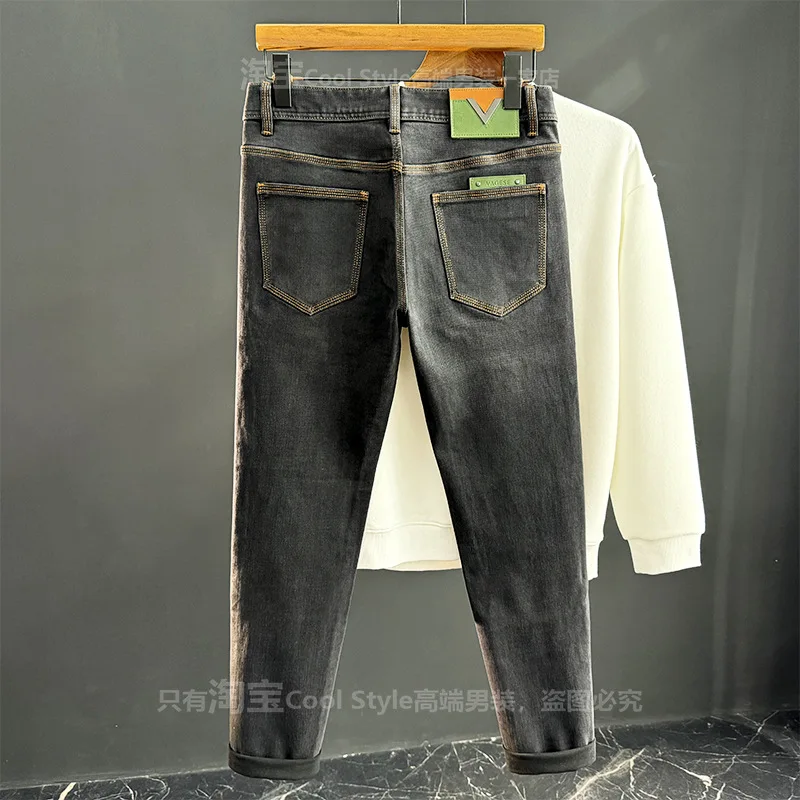 2025 autumn new jeans men's fashion brand light luxury high-end men's clothing slim fit small feet elastic denim pants