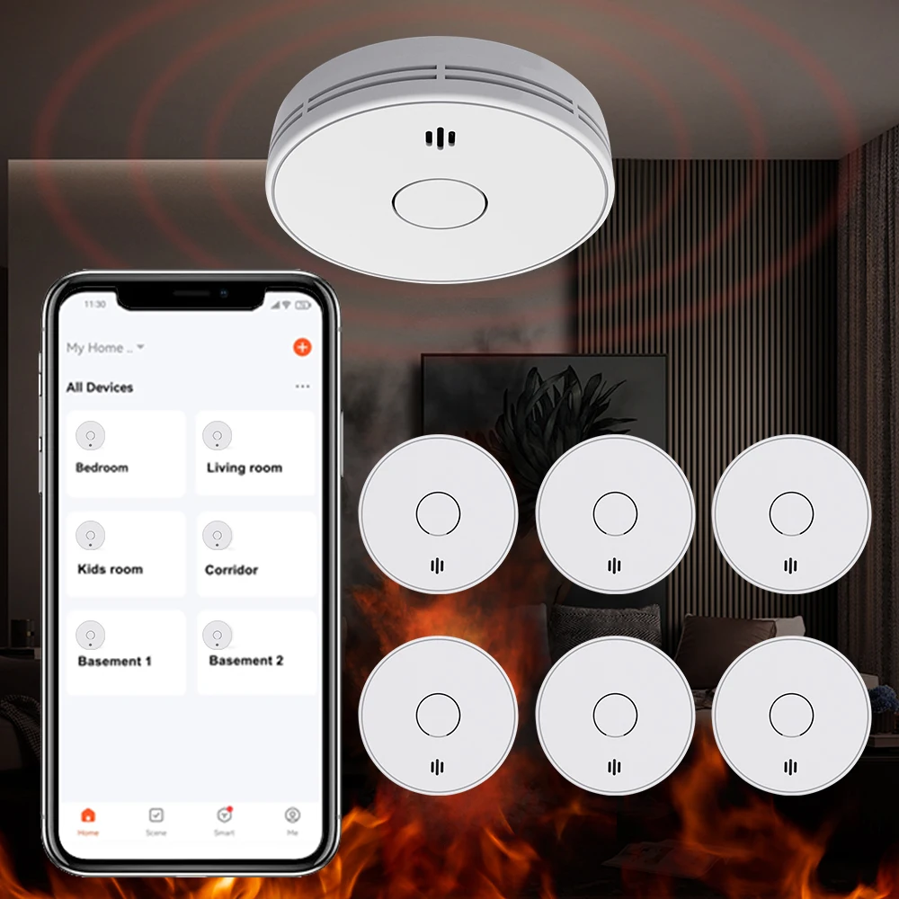 Tuya Smart Smoke Detector with 10 Years Battery, WiFi Fire Alarm with Tuya App, Conforms to EN14604, VS02W, 3-PACK