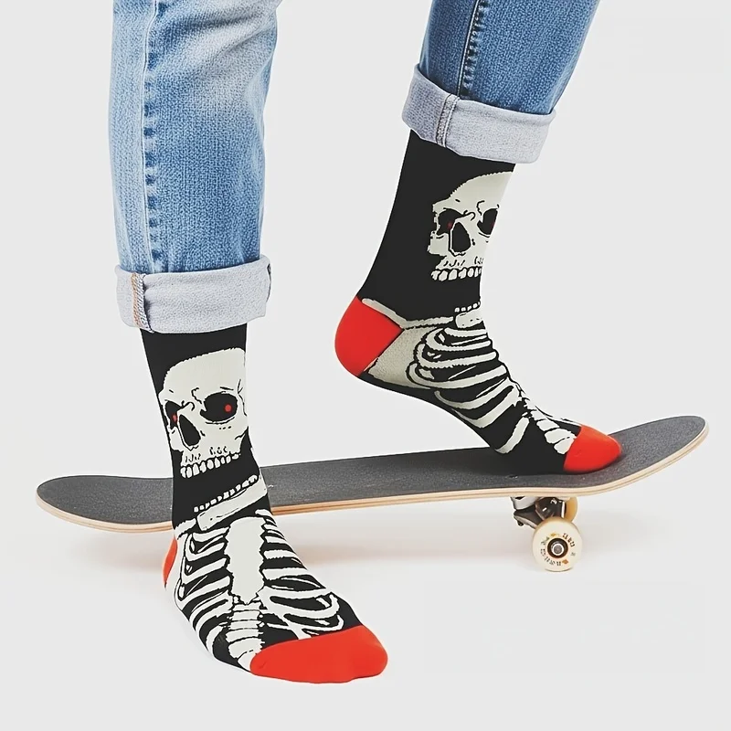 Halloween Skeleton Pattern Cotton Crew Socks for Men Women Unisex Novelty Funny Mid-Calf Parties and Costume Matching