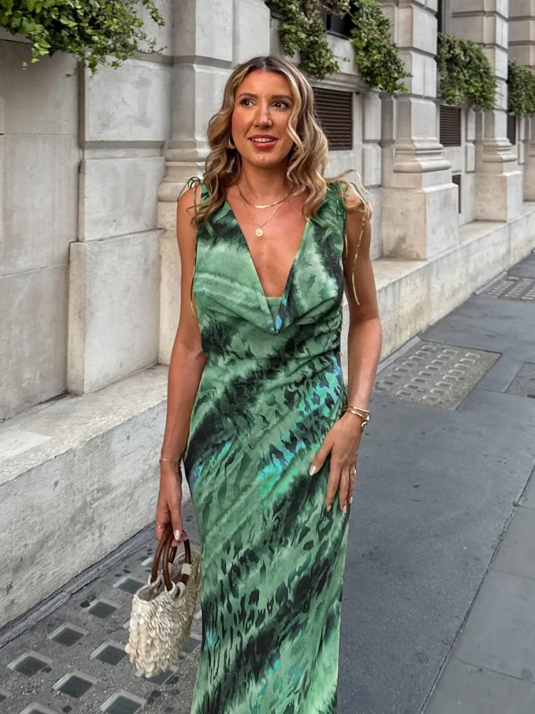 Green Maxi Dress Women Sexy Sleeveless Party Evening Dresses Lace-up Summer Holiday Dress Bodycon Slim Printed Cocktail Dresses