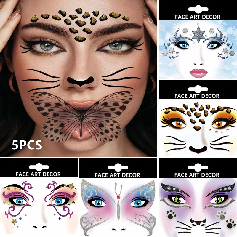 

5Pcs Blingbling Temporary Makeup Stickers Crystal Glittered Stickers Festival Holiday Halloween Carnival Cosplay Art Party