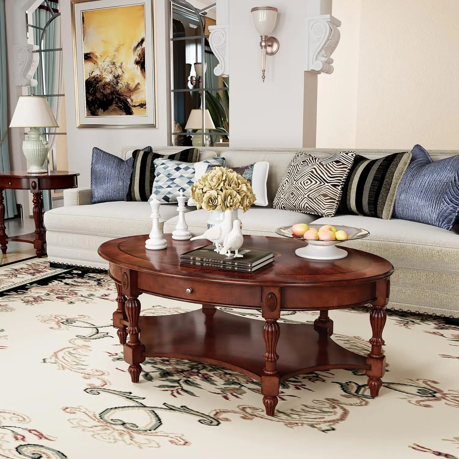 Solid Wood Oval Coffee Table with Drawer and Storage Shelf, Traditional Vintage Center Table Polished Edging Cocktail Tea Table