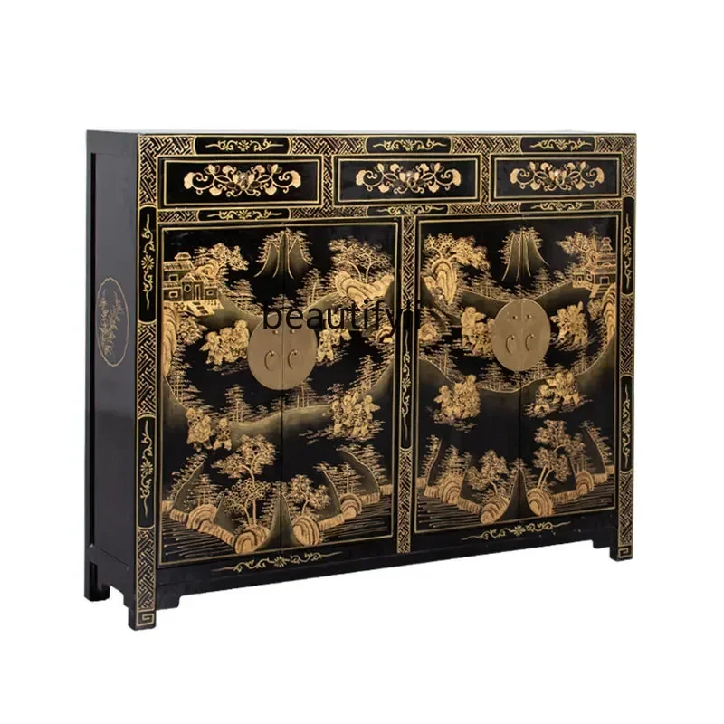 Chinese-Style Painted Lacquer Storage Cabinet Solid Wood Distressed Hallway Locker Multi-Functional Storage Cabinet