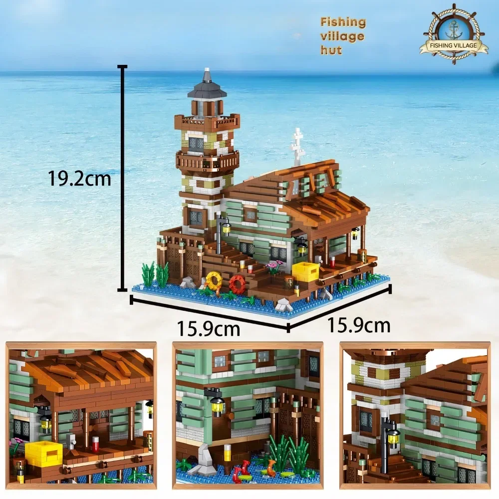 Mini cidade vista de rua cais casa de madeira blocos de construção vista rua pesca vila tijolos montar brinquedo para crianças adulto