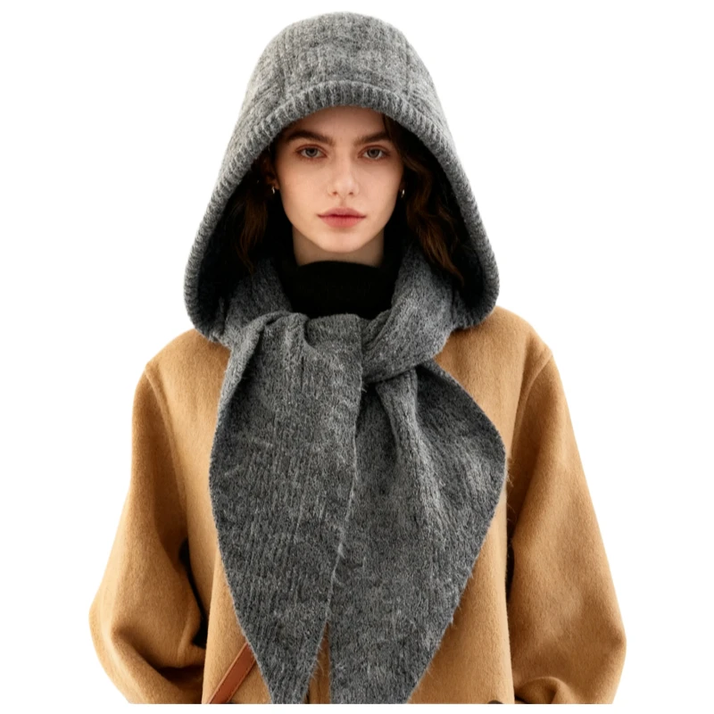 قبعة نسائية شتوية محبوكة من الصوف متعدد الألوان - وشاح بغطاء للرأس متكامل، عصرية دافئة للتزلج والرياضات الخارجية