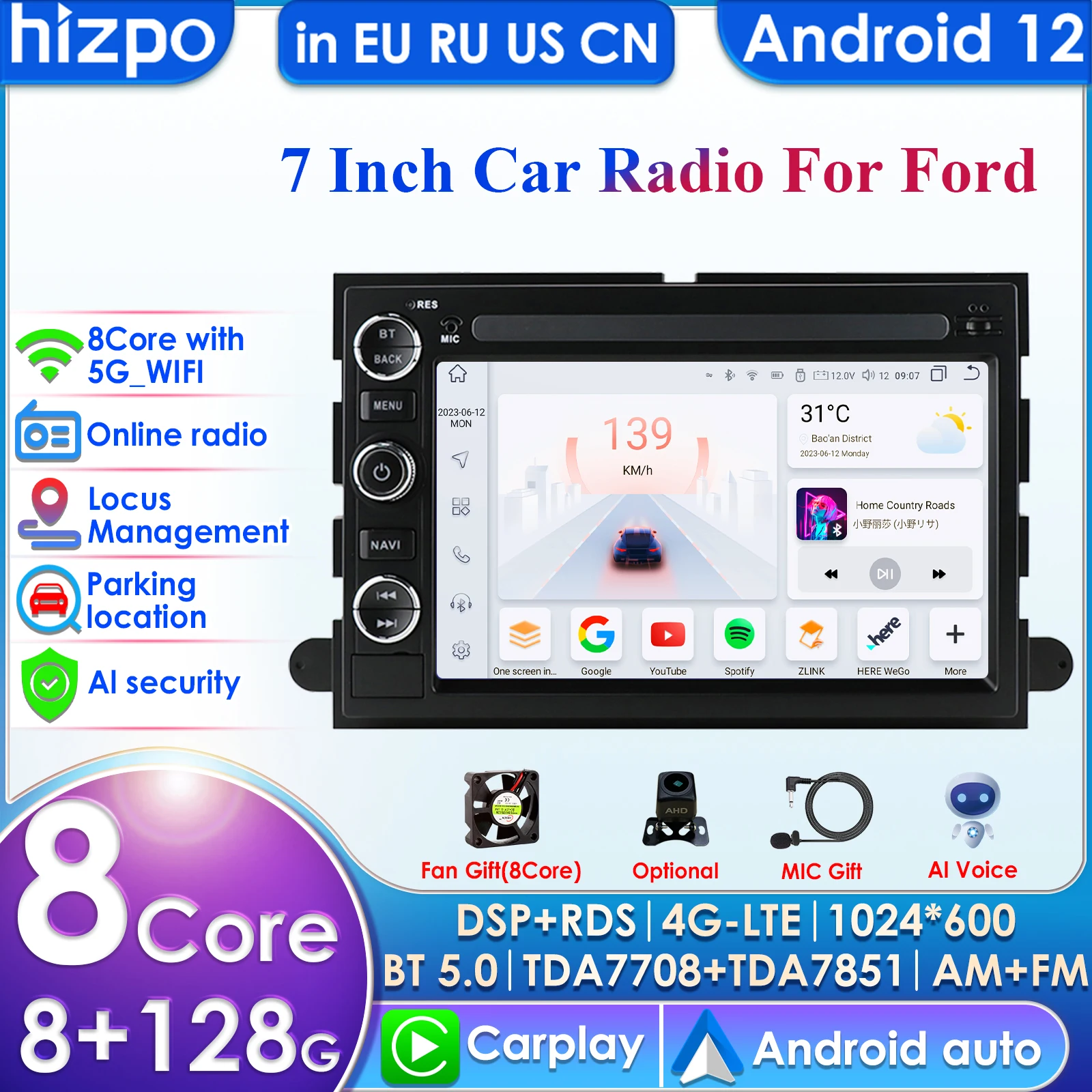 7'' 7862 AI 2din Android 13 Car Radio Multimedia Video Player for Ford F150 F250 F350 Mercury Explorer Mustang Expedition Escape