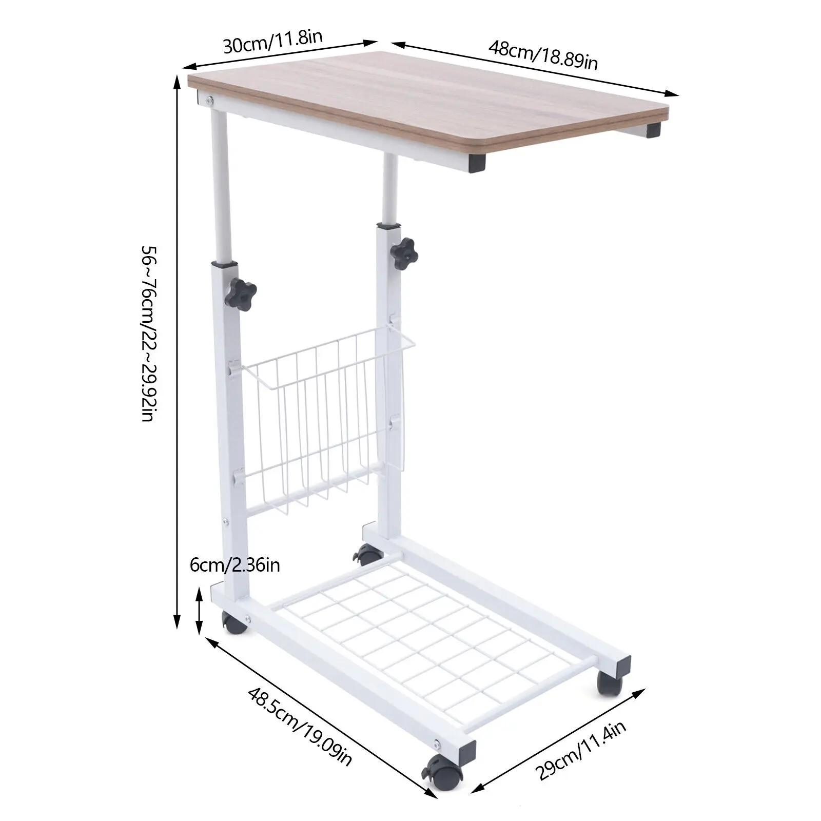 Portable Bedside Sofa Side Table Mobile Wheels Hospital Overbed Rolling Tray Height Adjustable End Desk C-Shaped