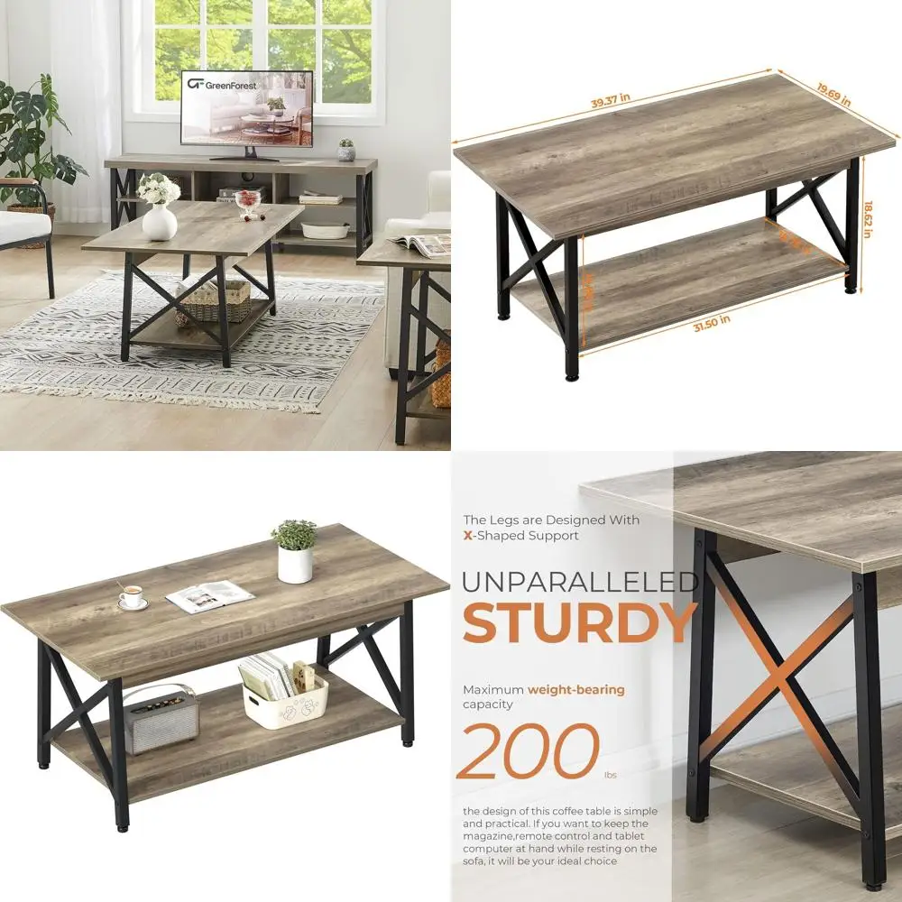 

Современный 39-серый двухъярусный журнальный столик в фермерском доме с местом для хранения вещей для гостиной, дизайн X-образной рамы, экономия места, простая сборка