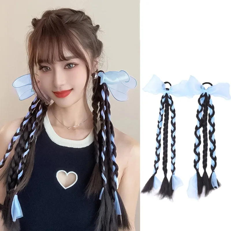 

2pcs Colorful Bow Wig Braids Hair Rings Ponytail Sweet Cool Twist Long Braids Hair Tie For Girls Women