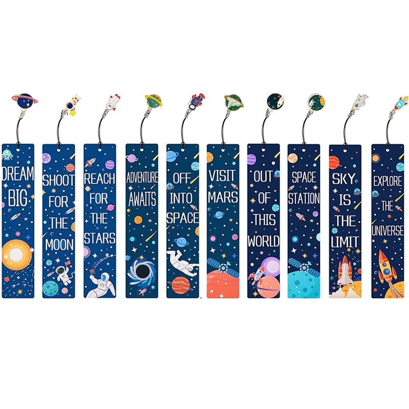 Navio espacial tema Bookmarks com encantos de metal, planeta cor, inspiradoras Cotações cartões para crianças, meninos e meninas, fácil de usar, 20pcs