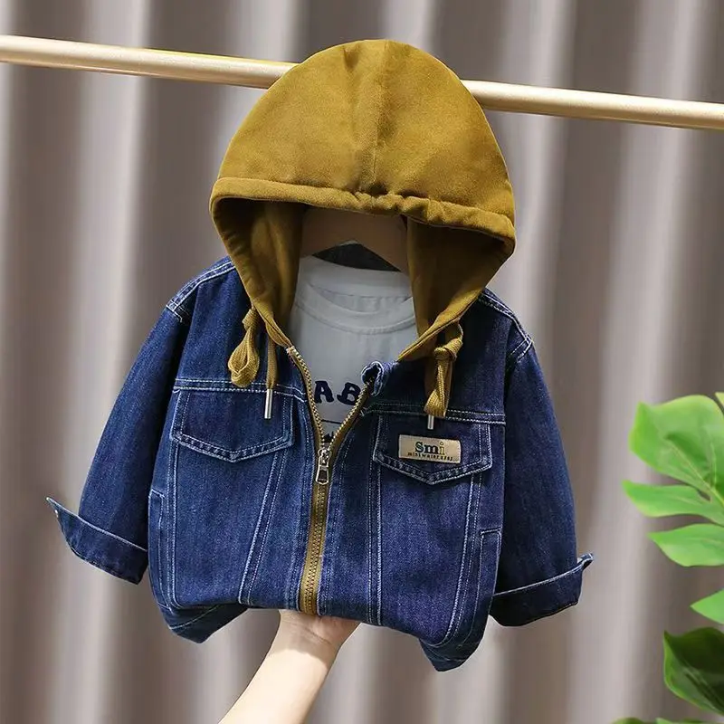 

Children's Jacket Spring and Autumn New Handsome Boys' Baby Casual Zipper Hooded Cowboy Jacket Kids Jeans Coat 2-9Y