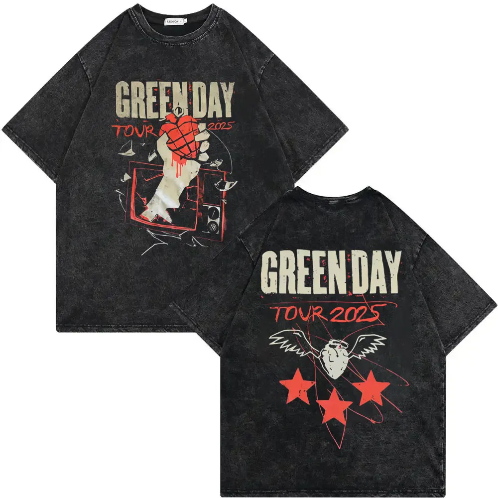 

Rock Band Green Day Tour 2025 Merch T Shirt Fashion Rock Vintage Washed T-shirt Men Women Clothing Casual Short Sleeve T-shirts