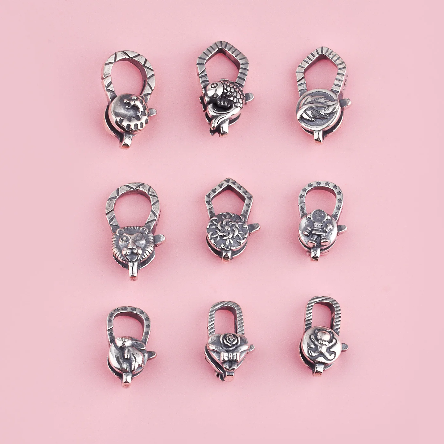 S925 sterling silver retro bear lion leopard fish leaves astronaut rabbit rose spring buckle DIY bracelet accessories