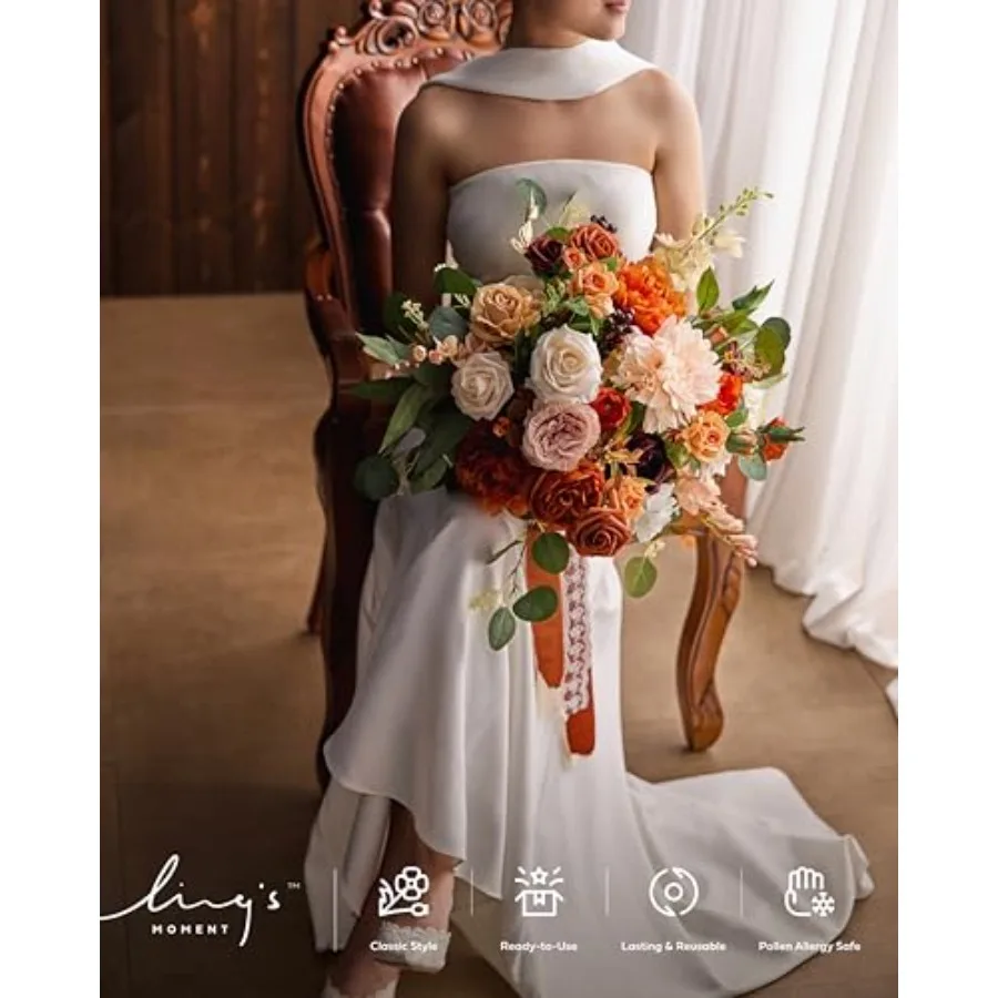 Bridal bouquet for wedding ceremony, terracotta-colored artificial silk flowers, amber and rust tones, organic rustic design, h