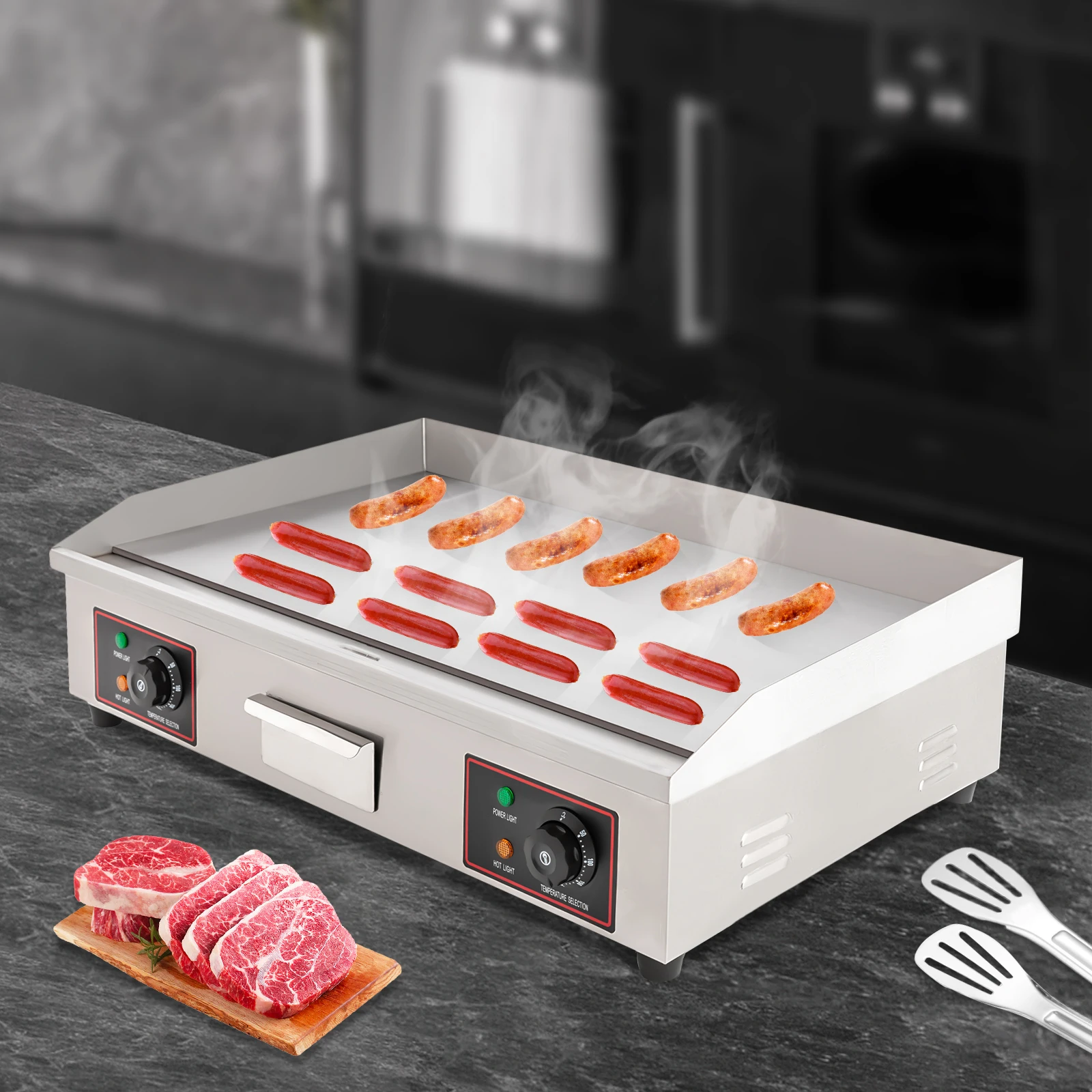 Wajan Listrik Komersial 3000W, Panggangan Teppanyaki Permukaan Datar Baja Tahan Karat Kontrol Suhu yang Dapat Disesuaikan 122 ° F-572 ° F