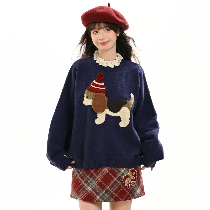 2025 Autumn New Retro Cute Cartoon Puppy Pullover Knitted Vest Round Neck Long Sleeve Soft Comfortable Casual Daily Sweater