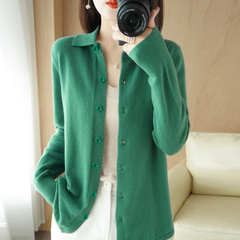 Spring/Autumn cashmere sweater women\'s cardigan sweater coat shirt collar cashmere cardigan