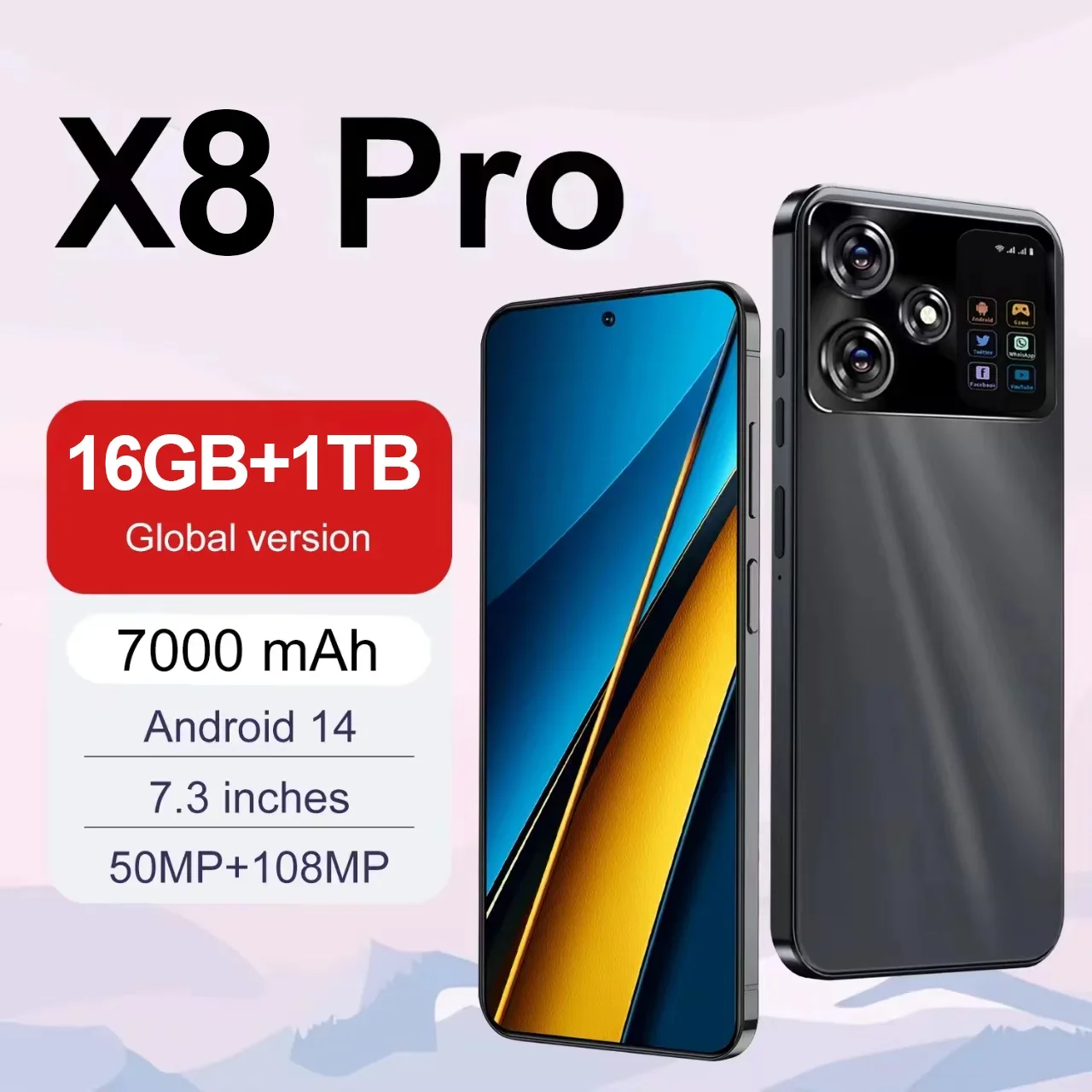 Original X8 Pro 7.3-inch Ultra HD 16GB+1024GB 108MP+50MP, 7000mAh large battery Android 14 Qualcomm Snapdragon 8 Gen3 Dual SIM