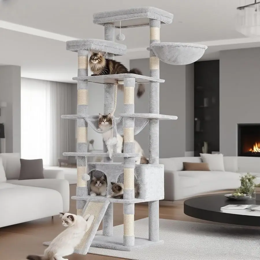 

Heybly Tall Cat Tree, 78-inch Multi-Level Cat Tower for Indoor Cats, 2 Widened Plush Perches Cat Condo with Scratching Board and