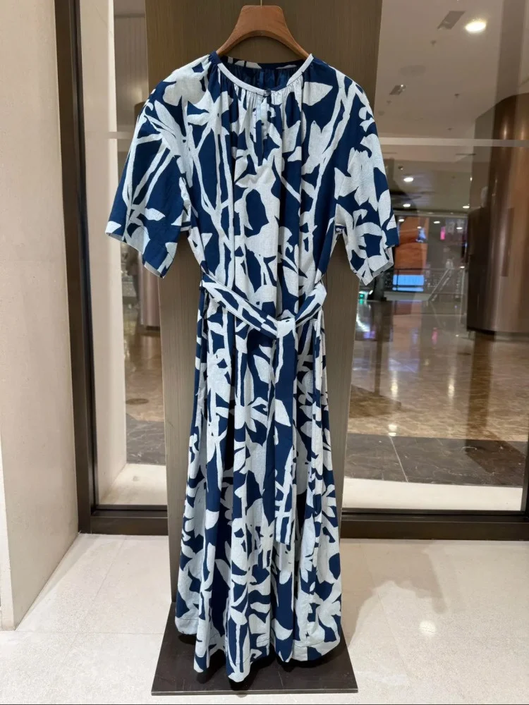 

Summer Vacation Style IC2025 round Neck Short Sleeve Dress with Belt High Waist Cotton A-Line Skirt Print Commute Suitable