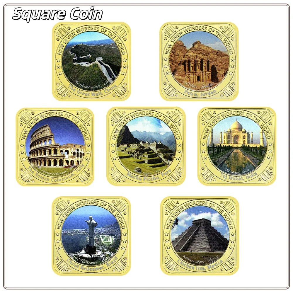 Seven Wonders of The World Collectible Square Coin Golden Plated Color Printing Great Buildings Iron Souvenir Bar For Gift