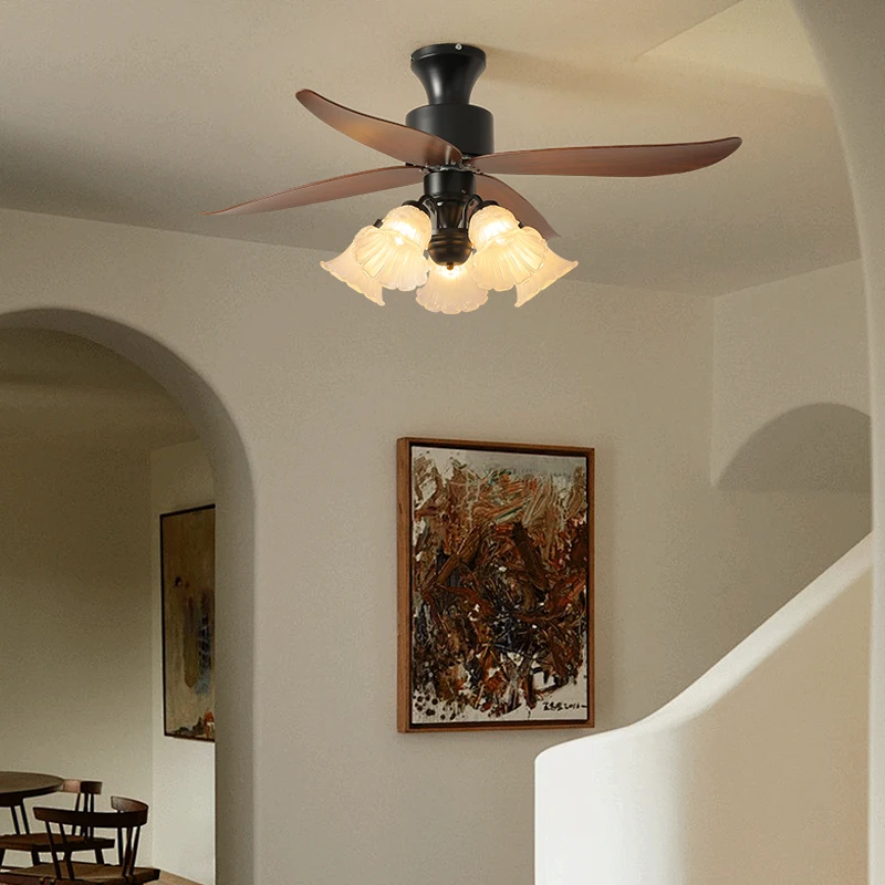 Ceiling Fan Light Living Room Antique Ceiling Fan Light Bedroom Dining Room Integrated French Retro Walnut Silent Fan Light 2025