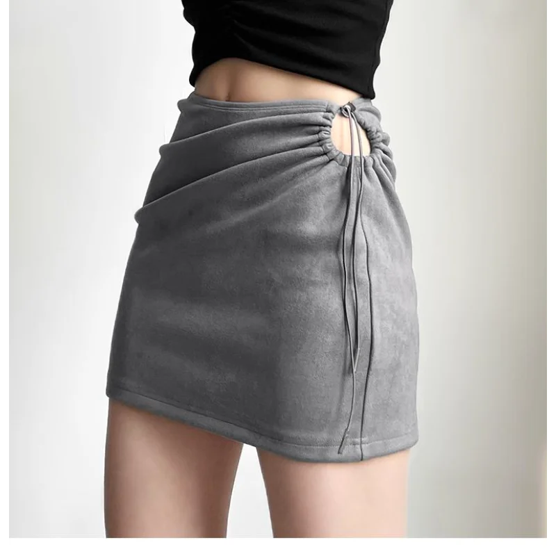 Nova cor sólida feminina emagrecimento rua moda cintura alta saco hip saia com cordão