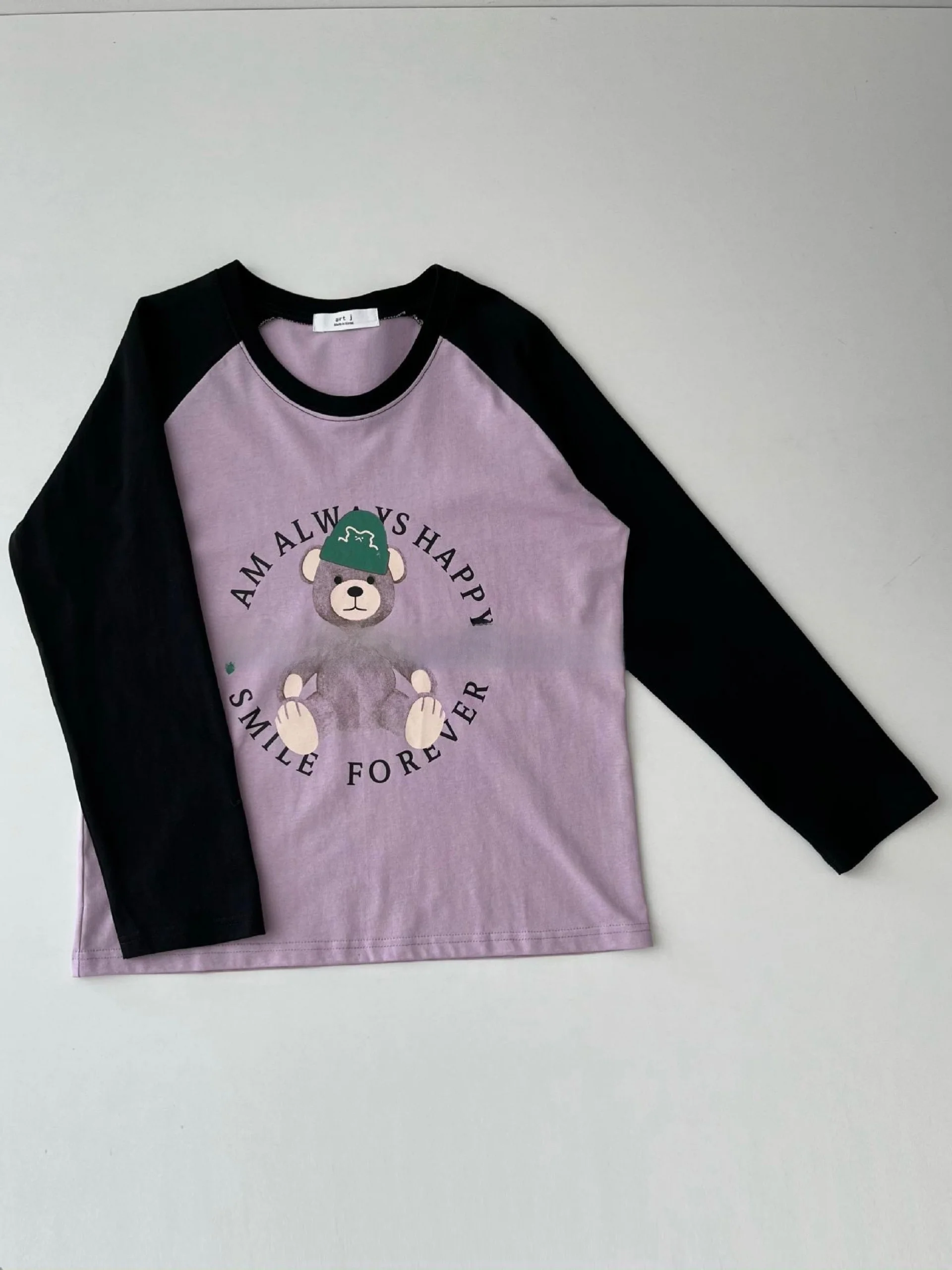 Candy Miss Art J Color Block Shoulder Sleeve Long Sleeve T-Shirt round Neck Cartoon Bear Design Anti-Aging Fashionable Women'...