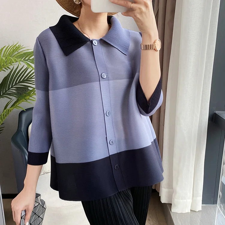 Folded Spring/Summer Top Split Sleeve Single breasted Shirt Collar Cardigan  vintage clothes  women clothing